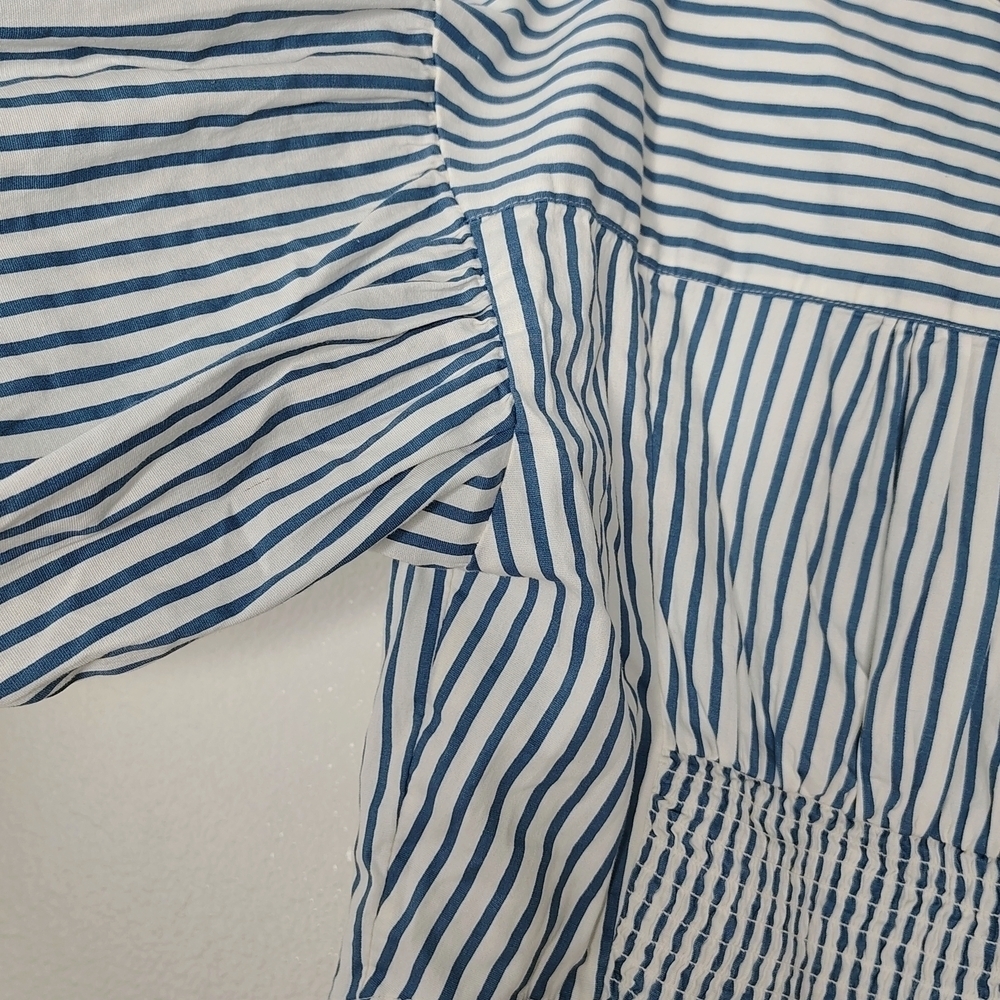 Free People X Revolve Blue and White Notched Collar Crop Shirt Sz S Cotton - Picture 13 of 14